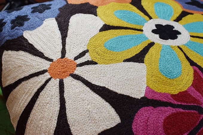 Modern Black Daisy Floral Pillow Cover Accent Flower Traditional Pillowcase Hand Embroidered Florals Couch Pillowsham Boho Outdoor Cushion Suzani Accent Pillow Wool 18x18 Inch