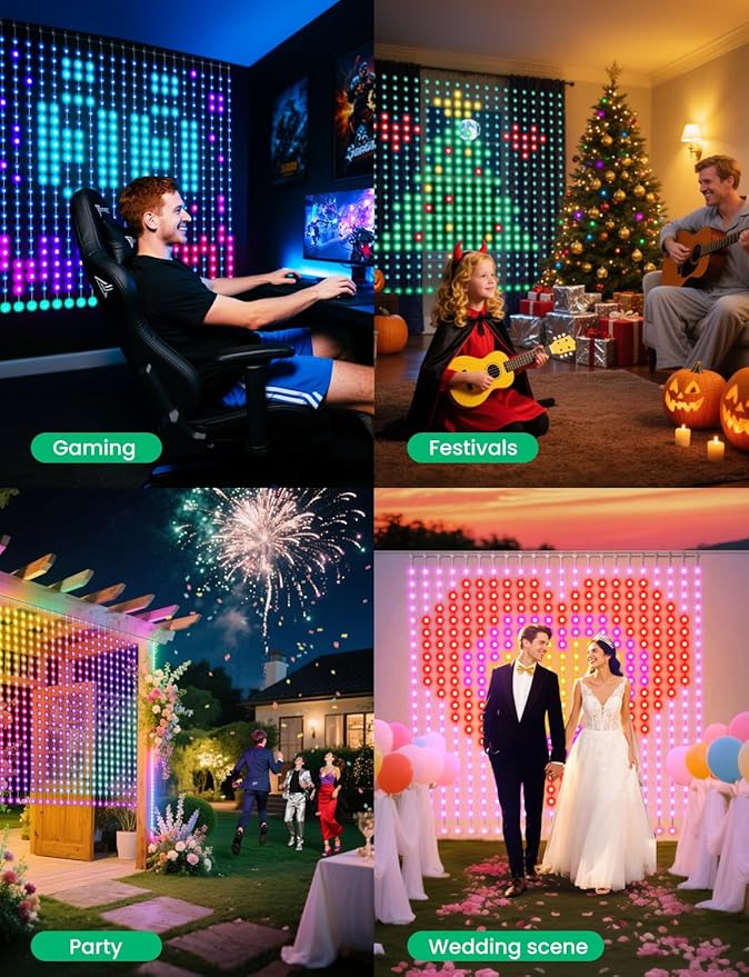 Smart LED Curtain Lights, RGB+IC Color Changing Holiday Wall Lights, 3.3x3.3ft 400 LEDs, Indoor Dynamic DIY String Lights, APP Remote Control, for Bedroom, Living Room, Window Decor, Party, Wedding