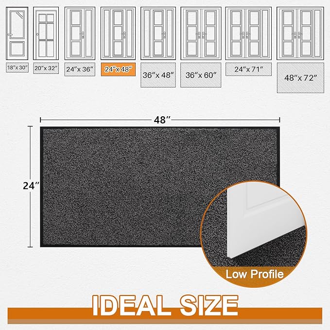 Mibao Front Door Mat, Dirt Trapper Welcome Mat for Outdoor Indoor, Non-Slip Waterproof Doormat, Durable Machine Washable Low Profile Entry Rug for Back Door Outside Patio Porch, 48" x 24", Grey