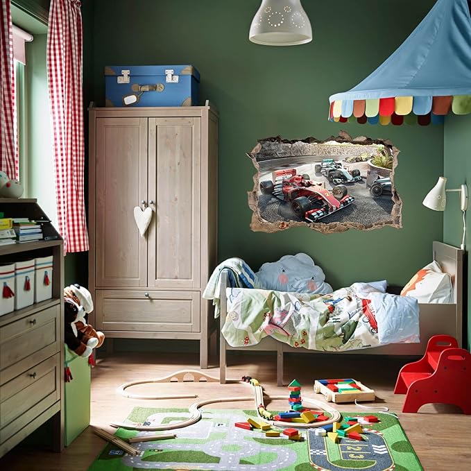 Large 3D Racing Car Wall Stickers (34.4”x 23”), Vehicles Roads Vinyl Wall Decals, Removable Racing Car Break Through Wall Art for Boys Bedroom Playroom Decor