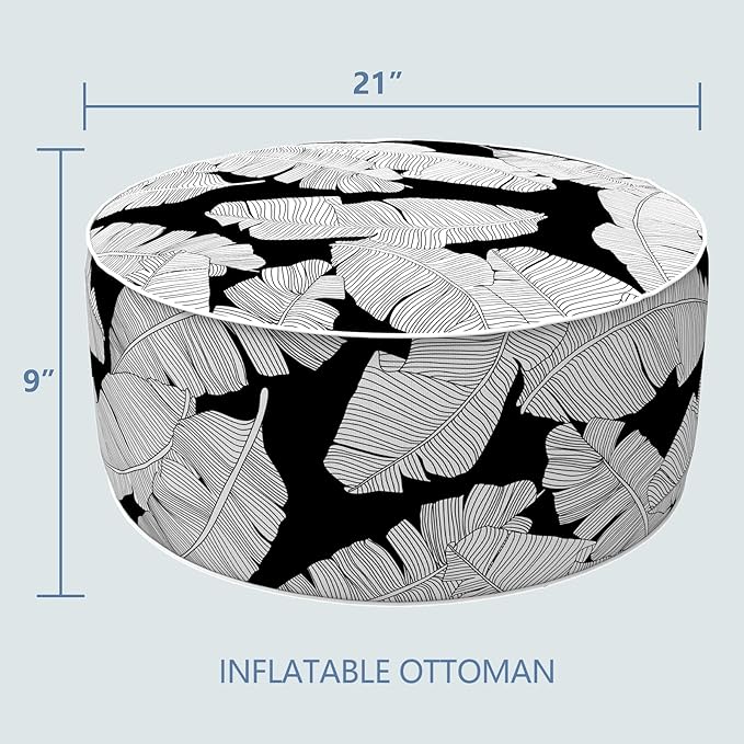 LVTXIII Inflatable Stool Ottoman Footrest with Handle, Indoor or Outdoor Foot Rest for Home Patio Garden and Camping, D21 x H9, Black Lush Leaf Jungle