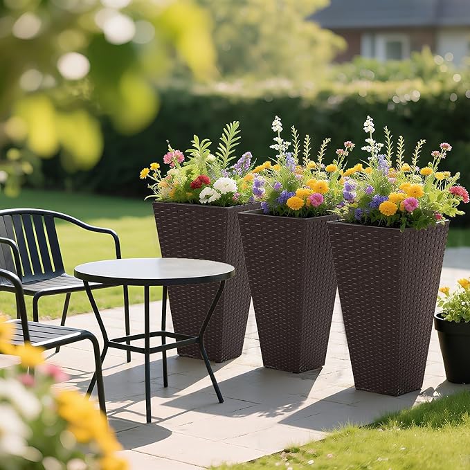 Outsunny Tall Planters for Outdoor Plants Set of 3, 24 in Taper Planters with Drainage Holes, Rattan Decor Plant Pots for Indoor Outdoor Front Porch Patio Backyard, Brown