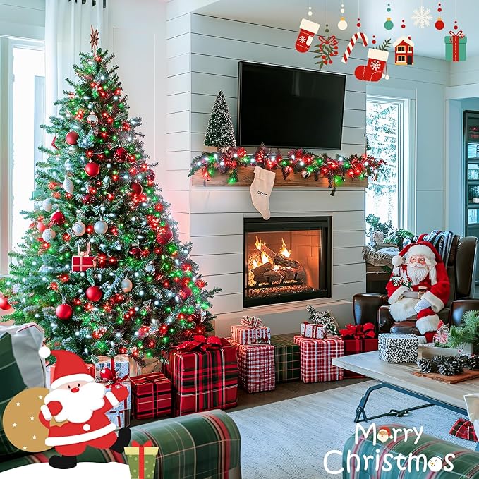 JMEXSUSS Connectable Red White and Green Christmas Lights, 8 Modes 100 LED Twinkle String Lights Indoor, Clear Wire Plug-in String Lights Outdoor Waterproof