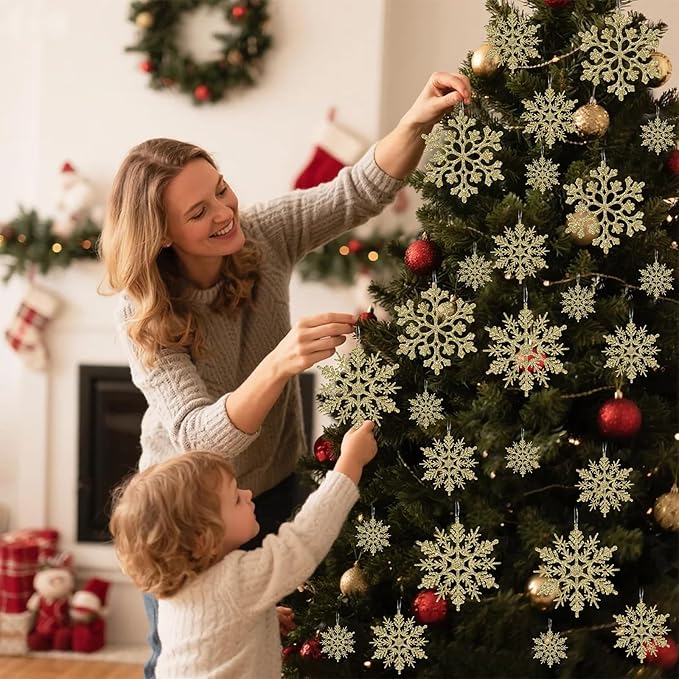 Christmas Tree Decorations Snowflake Ornaments, 36Pcs Glitter Gold Plastic Hanging Snowflakes from Ceiling Snow Flakes Decorating Hanging for Winter Wonderland Decorations Indoor Outdoor Decor
