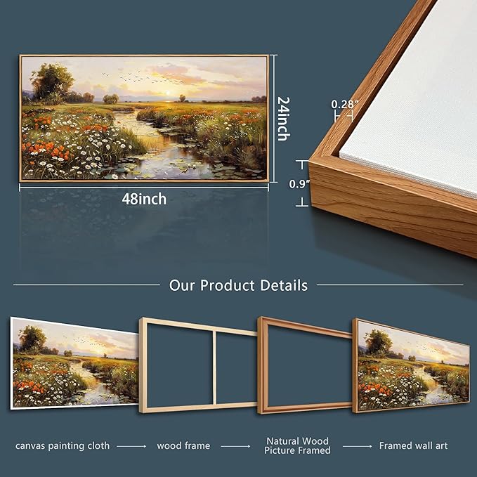 PHAOHUAXM Canvas Wall Art For Living Room Wall Decor For Bedroom Watercolour Painting Office Decoration Countryside Sunrise Scenery Wall Picture Printing Artwork Home Decor Wood Framed 24x48 In