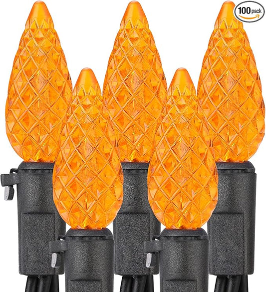 Brizled Orange String Lights, 33ft 100 LED Faceted C5 Orange Halloween Lights, 120V UL Certified Halloween Light Set Connectable Amber Light for Indoor & Outdoor Tree Xmas Party Decoration