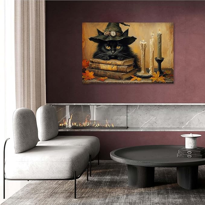 Vintage Halloween wall decoration black cat and magic book suitable for home bedroom living room decoration dark classic art witch wall decoration12x16in Wood Framed