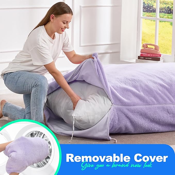 Hobestluk 3 in 1 Bean Bag Chair Giant Bean Bag Chairs for Adults with Plush Faux Fur Cover Convertible Bean Bag Floor Cushion with Machine Washable Cover for Living Room (Plush Purple)