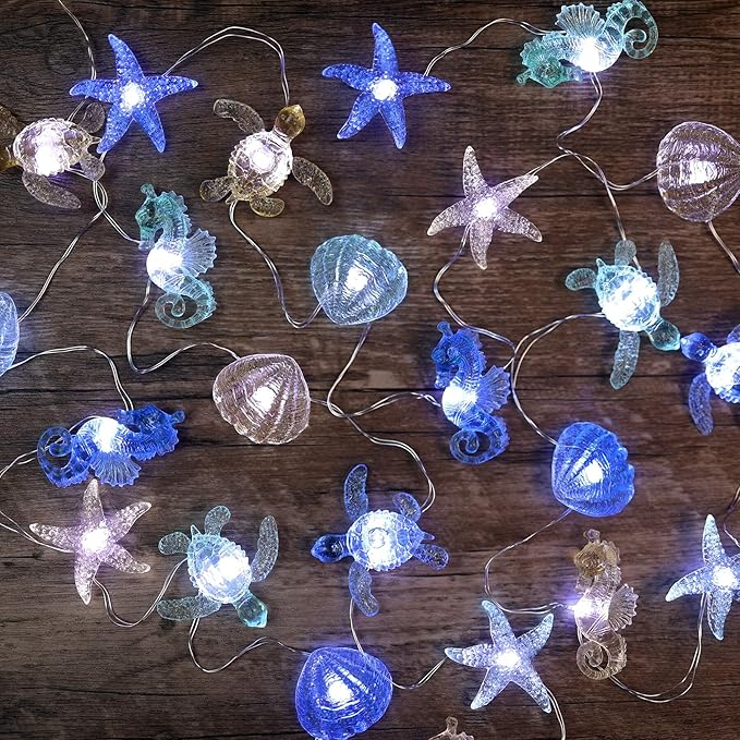 Ocean Theme String Lights Indoor Nautical Décor-USB or Battery Operated 10ft 30 LED Sea Horse Starfish Shell Décor- Twinkle Fairy Lights for Bedroom Patio Beach Wreath Christmas Decoration