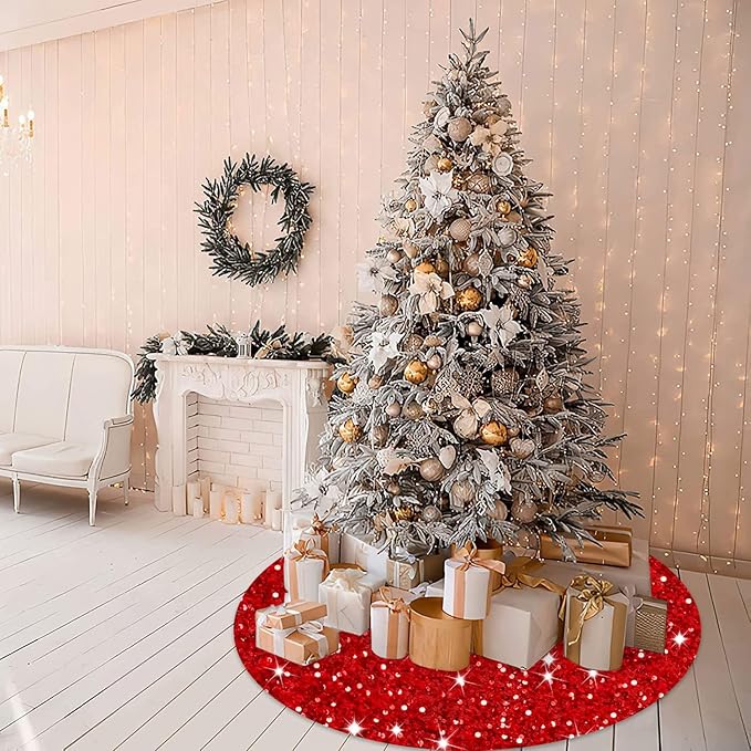 MODFUNS Christmas Tree Skirt Red Sequin Tree Skirt 36 Inch Velvet Christmas Tree Skirt Shimmer Glitter Tree Skirt Sparkle Xmas Tree Collar Bling Christmas Tree Mat for Christmas Tree Ornament