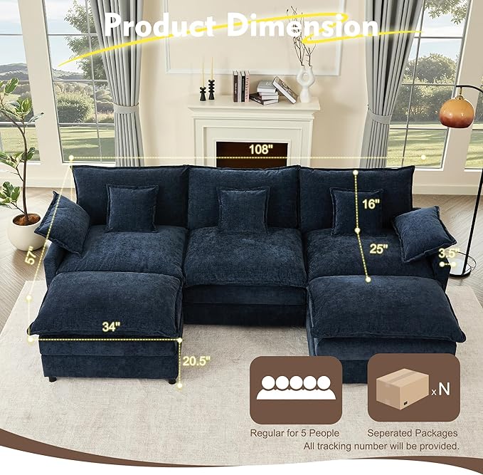108" U Shaped Couch, Modular Sectional Sofa, 3-Seater Comfy Cloud Couch with Movable Ottoman, Deep Seat Couches for Living Room, Chenille, Navy