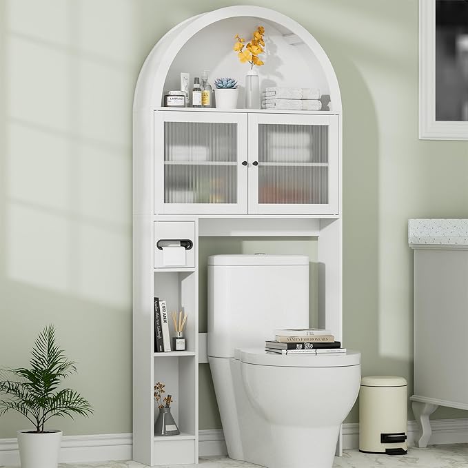 Over The Toilet Storage Cabinet, 31''W Arched Space-Saving Bathroom Organizer with Adjustable Shelf and Acrylic Doors, Freestanding Over Toilet Cabinet for Bathroom, Laundry, Restroom (White)