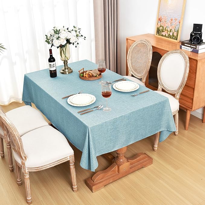 Fitable Faux Linen Table Clothes 2 Pack, Waterproof Fabric Tablecloths for Rectangle Tables, Rustic Holiday Table Covers for Kitchen Dining, Party, Farmhouse (Turquoise, 54 x 78 Inch)