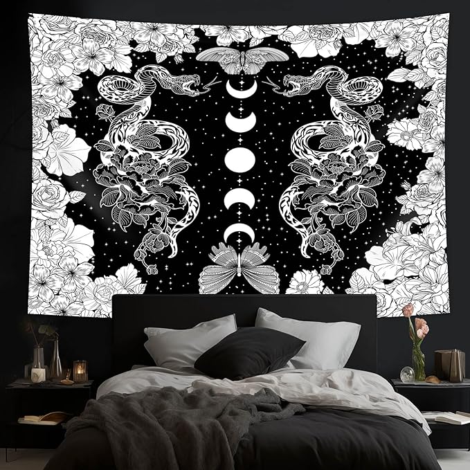 dueeia Moon Phase Witchy Tapestry Wall Hanging Snake Witch Occult Black and White Dark Tapestries for Bedroom Aesthetic Living Room Wall Decor (78.7"x59.1")