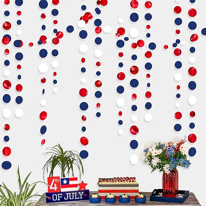 46 Ft Navy Blue Red White Circle Dots Garlands Royal Blue Red Hanging Paper Polka Dots Streamer for 4th of July American Independence Day USA National Day Patriotic Veterans Party Decorations Supplies