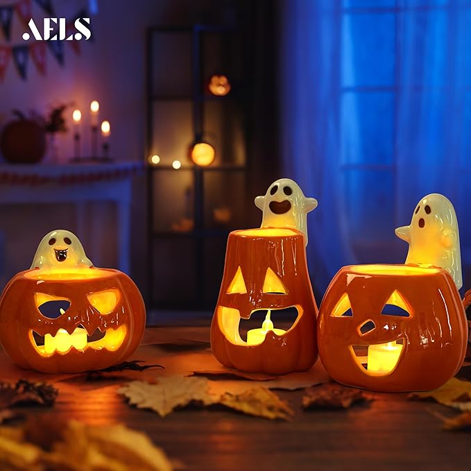 AELS Halloween Pumpkin Tealight Holders – Set of 3 Ceramic Jack O' Lantern Candle Holders with Ghosts, Spooky Sculptures Ghost Figurines, Indoor Tabletop Decorations for Holiday Party Home