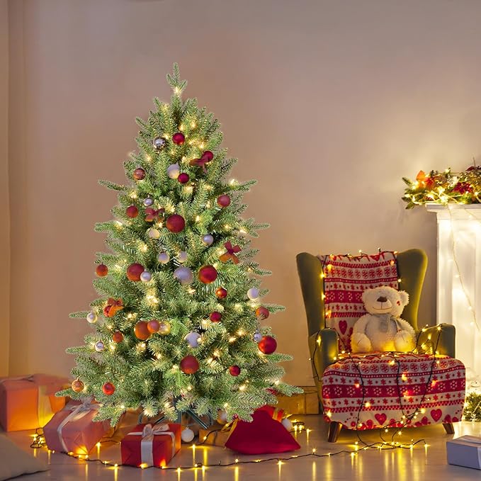 4FT Pre-Lit Artificial Christmas Tree with 628 PE&PVC Mixed Branch Tips, 200 Warm White Lights, Hinged Premium Spruce Fake Xmas Trees, Green, Foldable Base