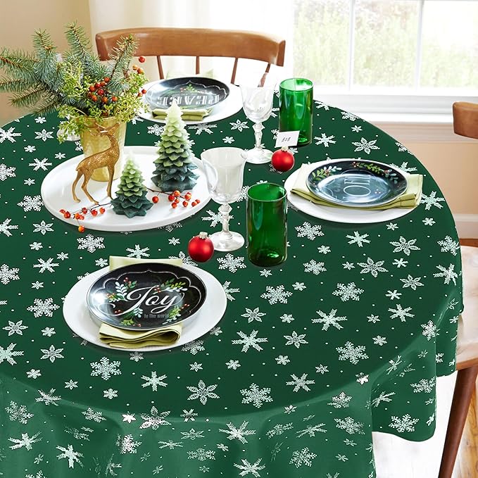 LUSHVIDA Christmas Tablecloth Round - Green 60inch Snowflakes Foil Print Pattern Washable Wrinkle Resistant Holiday Tablecloths for Christmas Family Gathering, Dining Room Table 130GSM