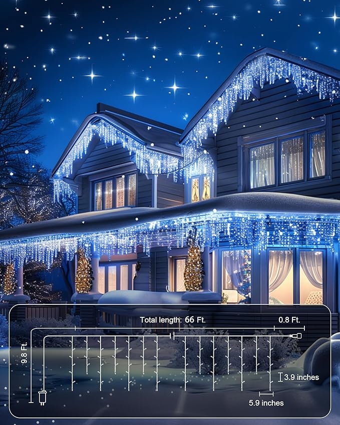 Brightown Icicle Lights Outdoor, 20Ft Christmas Lights with 30 Drops, 1125 LED Firecracker Icicle Christmas Light Outdoor with Timer for House Eaves Wedding, Blue and White