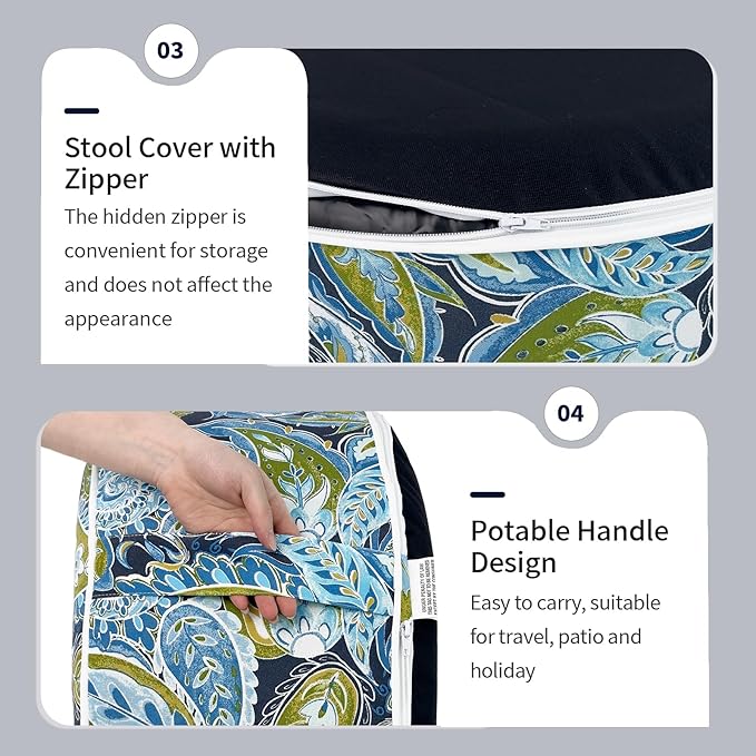 Inflatable Ottoman Stool D21 xH9 for Outdoor/Indoor Use, Water Repellent Patio Foot Rest with Portable Handle,Round Pouf Ottoman Suitable for Garden,Deck and Camping - Paisley Lapis Green