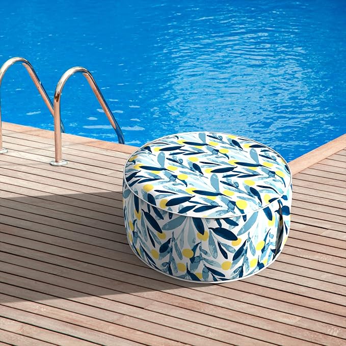 Inflatable Ottoman Stool D21 xH9 for Outdoor/Indoor Use, Water Repellent Patio Foot Rest Stool with Portable Handle,Round Pouf Ottoman Suitable for Garden,Deck and Camping - Leaves Multi