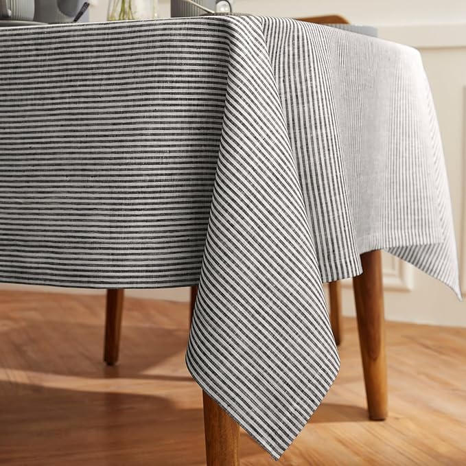 Solino Home Linen Striped Tablecloth 60 x 90 Inch - 100% Pure Linen Black and White Table Cloth for Rectangle Tables - Narrow Stripe, Machine Washable Tablecloth for Fall, Halloween, Thanksgiving