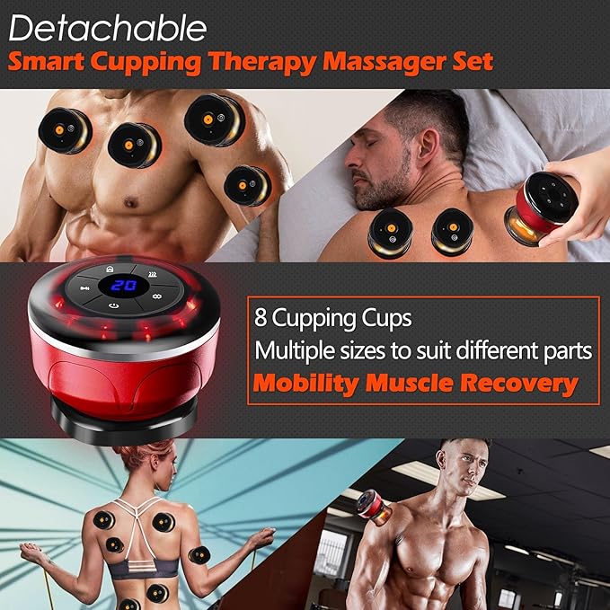 4-in-1 Electric Cupping Therapy Set with 8 Cellulite Massage Cups with 12 Modes Suction,Smart Dynamic Cupping Therapy Set for Ease Fatigue, Muscle Soreness and Skin Tightening(Red)