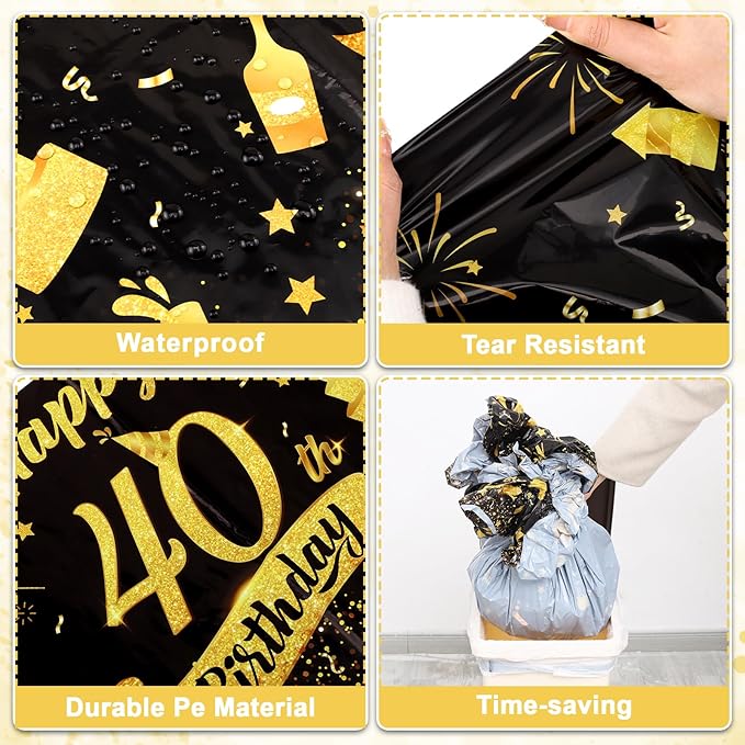 3 Pack 40th Birthday Plastic Black Gold Table Cloths, Rectangular 54x108 Table Cover for Birthday Party Decorations