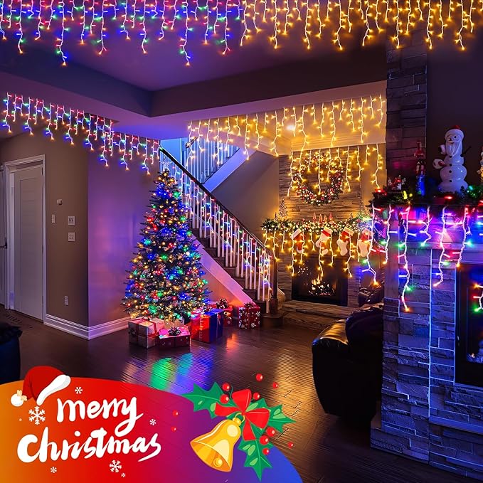 JMEXSUSS Color Changing Outdoor Waterproof Icicle Lights, 400 LED with Remote, Warm White to Multicolor for Christmas Eaves Party Decorations