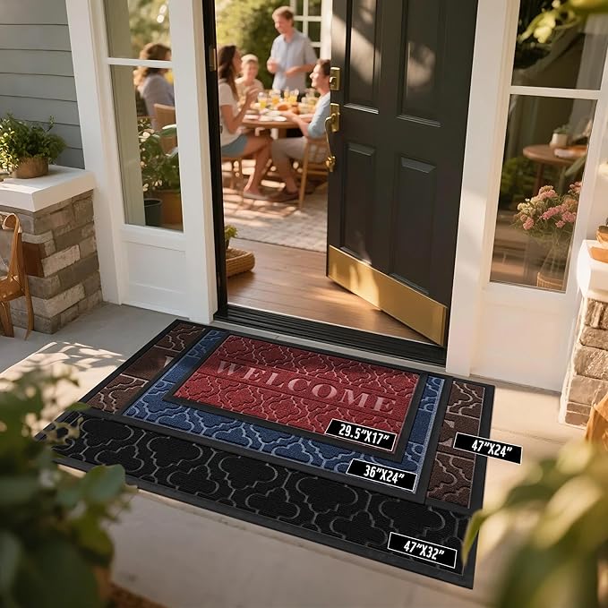 Yimobra Welcome Mat Outdoor Indoor, All-Season Waterproof Front Door Mat Outside Entrance, All-Weather Heavy Duty Non-Slip Doormat, Low Profile Porch Patio Entrance Mats, 47x24, Red