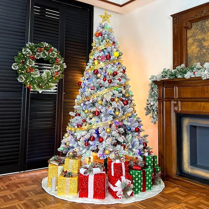 6ft Lighted Artificial Christmas Tree, 250 Multicolor LED Lights, Snow Flocked Christmas Tree with 1032 PVC Tips, Metal Base & Hinged Branches for Holiday, 10 Modes