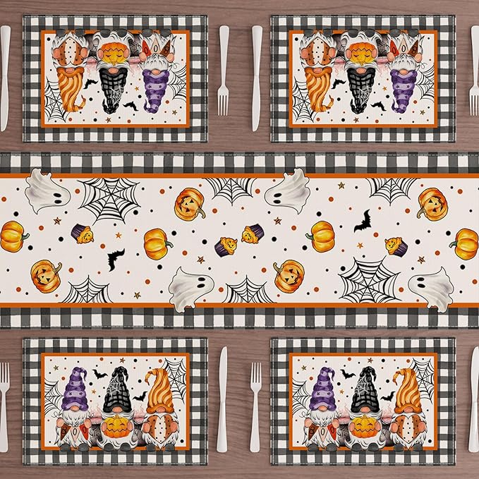 XCHI Spooky Boo Plaid Gnome Halloween Placemats Set of 4 Table Mats for Party Home Kitchen Dining Table Decorations 12x18 Inch