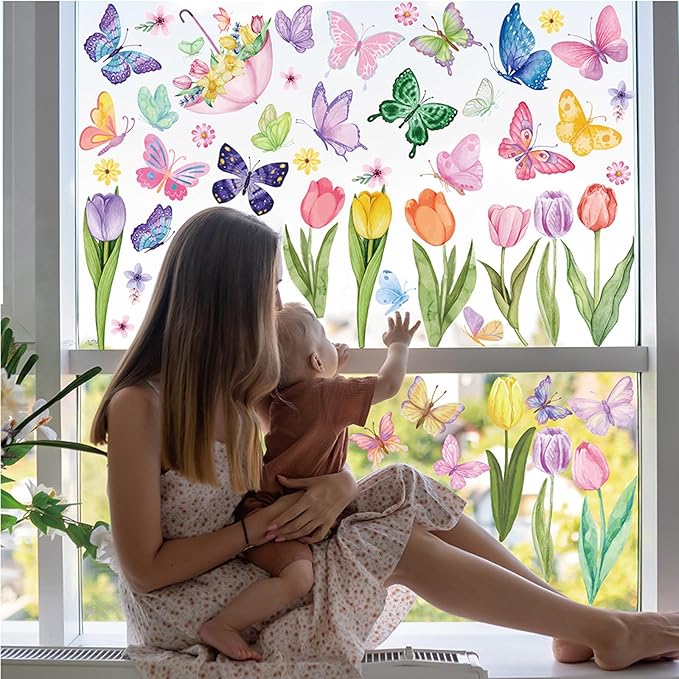 83 PCS Summer Window Clings Spring Flower Window Stickers Decorations for Glass Windows, Easter Tulip Butterfly Flower Window Decals