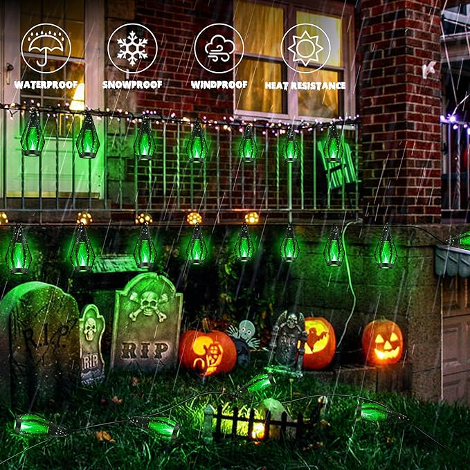 iBaycon Solar Halloween Lights, 27Ft 10 LED Bulbs Flickering Flame String Light, Outdoor Waterproof Solar Flame Lights for Garden Yard Patio Halloween Decorations (Green)