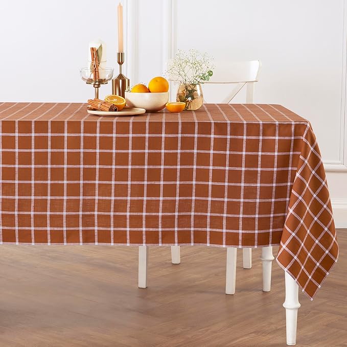 Solino Home Linen Tablecloth 60 x 108 Inch - 100% Pure Linen Windowpane Cinnamon Table Cloth for Rectangle Tables - Machine Washable Tablecloth for Fall, Autumn, Halloween, Thanksgiving