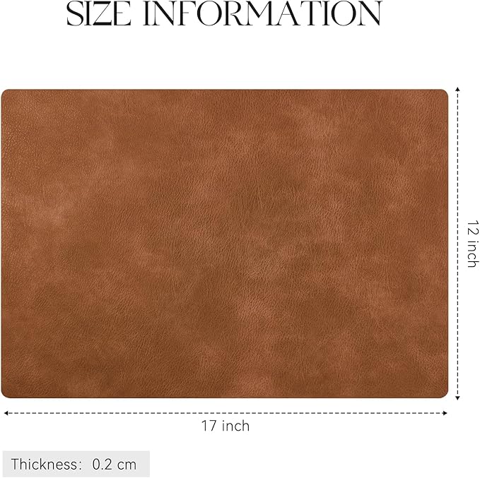 MOSAYT Vinyl Placemats Set of 6-12 X 17 Inch - Fall Faux Leather 100% Waterproof Oil-Proof Wipeable PU Place Mats, Heat Resistant Reversible Table Mats for Kitchen, Dining, Outdoor (Reddish Brown)