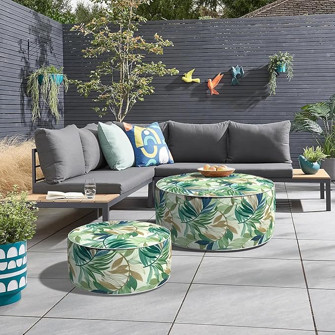 Inflatable Ottoman Stool D31 xH14 for Outdoor/Indoor Use, Water Repellent Patio Foot Rest Stool with Portable Handle,Round Pouf Ottoman Suitable for Garden,Deck and Camping - Lush Leaf Green