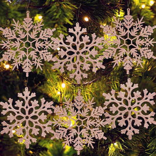 6pcs Large Snowflakes Ornaments Rose Gold 12” Big Plastic Glitter Snowflake for Winter Indoor Outdoor Christmas Tree Window Room Decorations Giant Craft Snowflakes