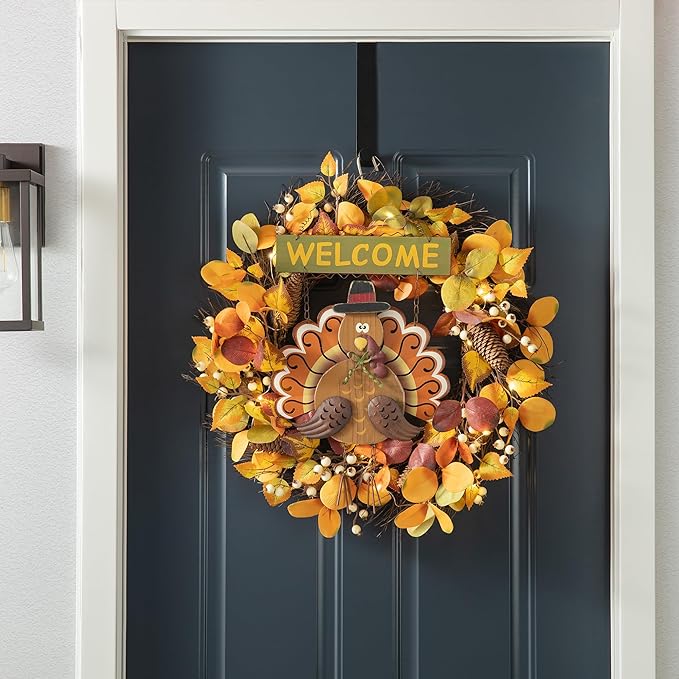 Glitzhome 17.91" H Metal Wooden Turkey Welcome Sign, Thanksgiving Turkey Wall Hanging Decor with Welcome Sign for Indoor Outdoor Decoration