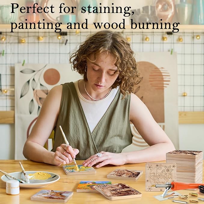 48 Pieces Unfinished Wood Coasters, GOH DODD 4 Inch Wooden Blanks with Non-Slip Pads for Laser Engraving Wood Burning Staining Painting Decoupage Housewarming Gifts Wedding Crafts Education, Square