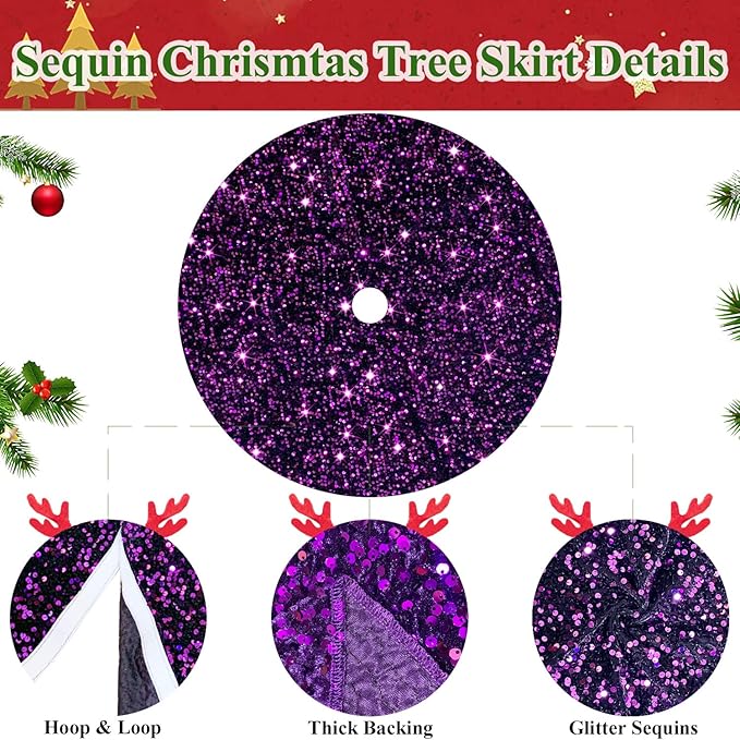 Purple Christmas Tree Skirt Decorations 46 Inch Sequin Christmas Tree Skirt Sparkly Halloween Tree Mat Velvet Tree Skirts Xmas Home Decor Sequins Tree Cover Round Tree Base Skirt for Christmas Decor