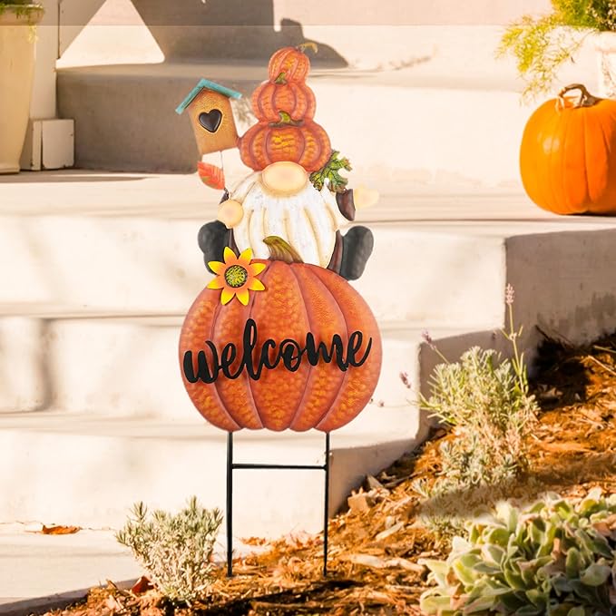 TERESA'S COLLECTIONS Fall Gnome Pumpkin Decorations for Outdoor Home, Metal Fall Decor Welcome Signs Stakes, Orange Autumn Yard Decor for Thanksgiving, Harvest Garden Patio Gift for Mom 25"