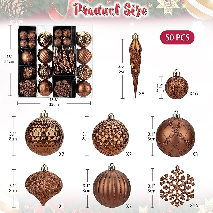 50PCS Christmas Tree Ornaments Set with Shatterproof Christmas Balls Icicle Snowflake Hanging Ornaments for Home Office Farmhouse Christmas Decorations, Bronze