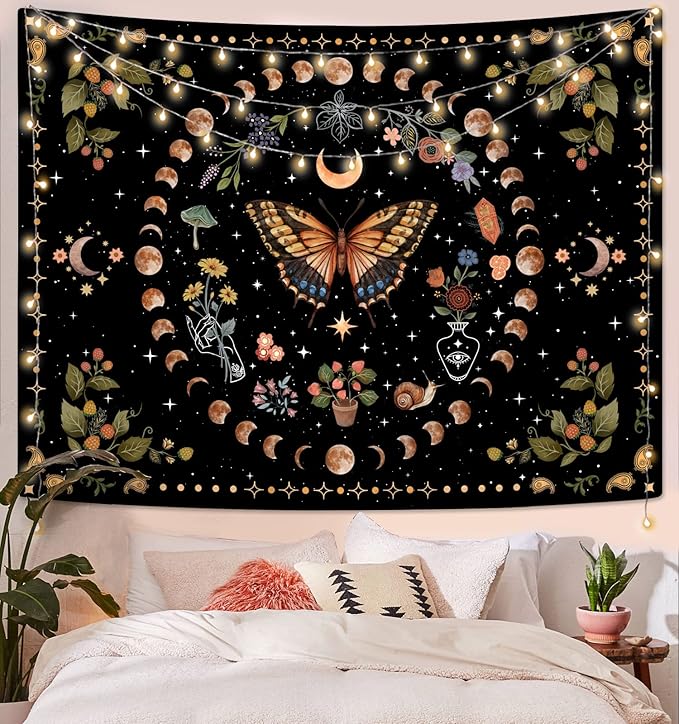 Aipon Yellow Butterfly Moon Flower Tapestry Botanical Floral Plant Boho Tapestry for Bedroom Aesthetic Vintage Tapestries Wall Hanging for Living Room Dorm (36.00'' × 48.00'', Yellow)