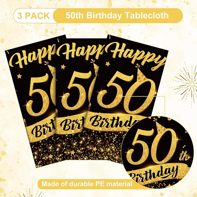 3 Pack 50th Birthday Tablecloth, Plastic Black Gold Table Cloths 50th Birthday Table Cover, Disposable Rectangle Table Cloths for Birthday Party Decorations, 54x108