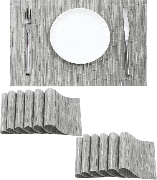 Leetaltree Silver Placemats Set of 12 - Heat Resistant Non-Slip Place mats for Dining Table, Washable Durable PVC Vinyl Woven Table Mats（Sliver, 12）