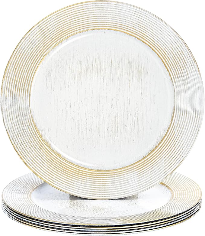 13" Round Charger Plates, 6 pack Ring Pattern Plastic Chargers for Dinner Plates, Vintage Charger Plate Set Bulk Wedding, White