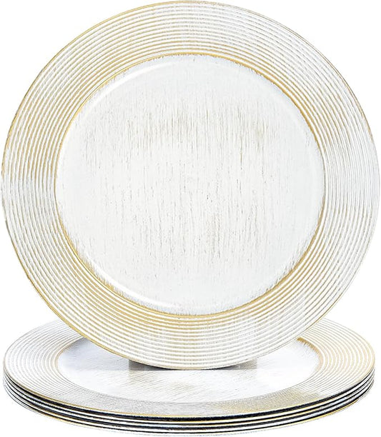 13" Round Charger Plates, 6 pack Ring Pattern Plastic Chargers for Dinner Plates, Vintage Charger Plate Set Bulk Wedding, White