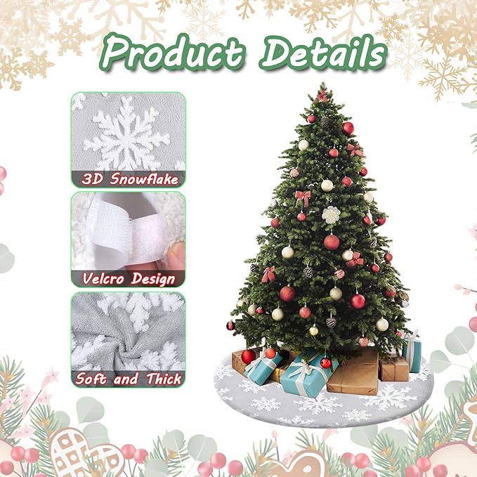 48inch Christmas Tree Skirt Tree Blanket, Large Luxury Soft Carpet 4ft Xmas Tree Blanket with 3D Large Snowflakes Grey Faux Fur Carpet for Christmas Holidays Decoration Party