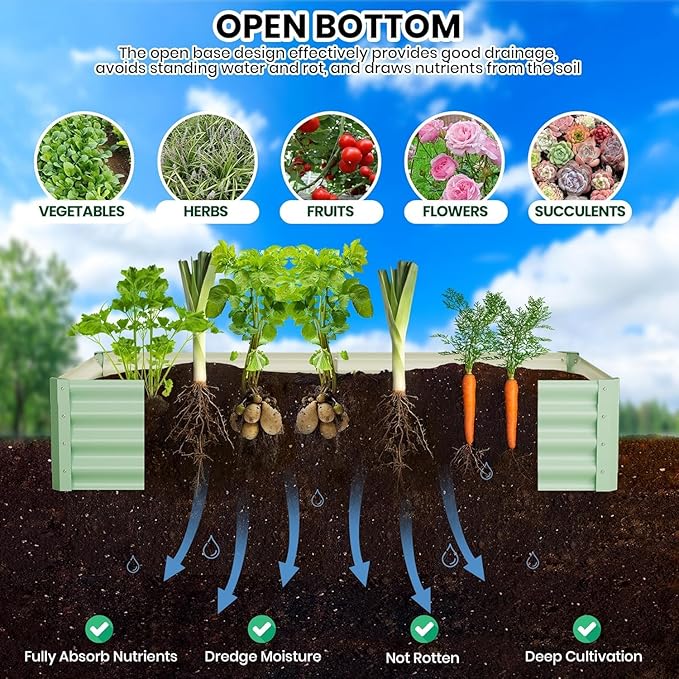 6x3x1ft Large Outdoor Planter Boxes Kit Set of 2, Galvanized Raised Bed Planter with Open-Ended Base Design, Elevated for Outdoor Plants, Durable Raised Bed for Gardening,Green